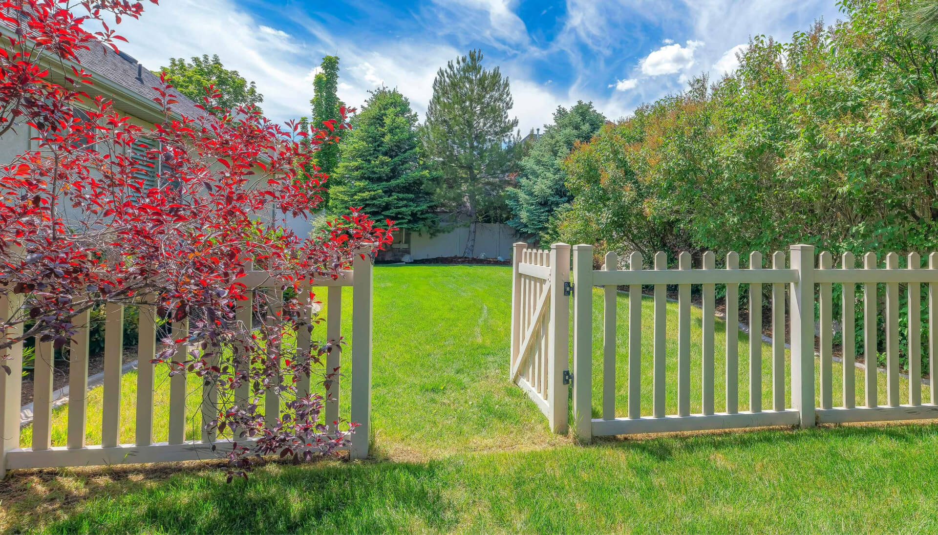 A functional fence gate providing access to a well-maintained backyard, surrounded by a wooden fence in Lincoln